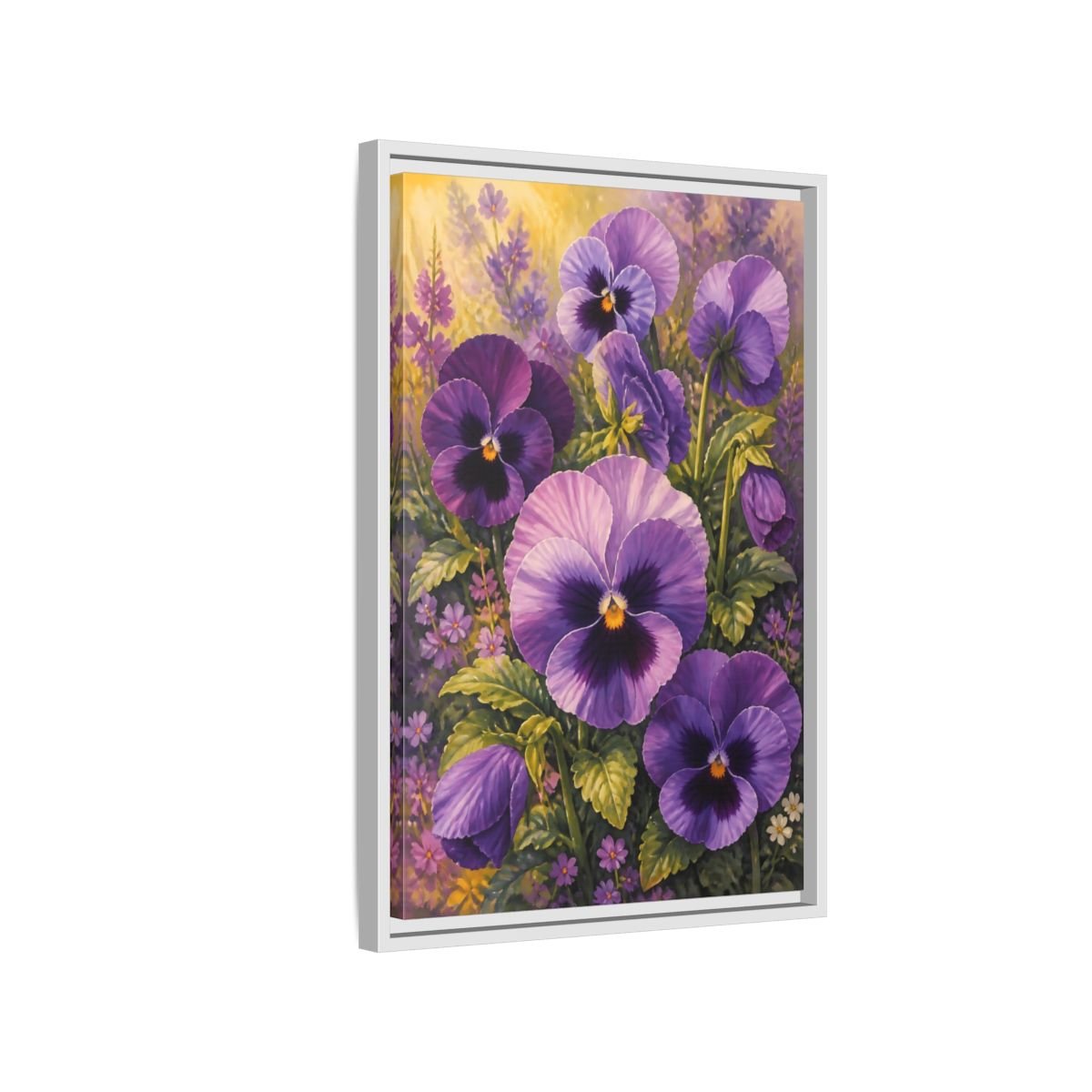 Floral Pansies Purple Framed Canvas Print – Traditional Living Room, Above Fireplace - YesArtYes