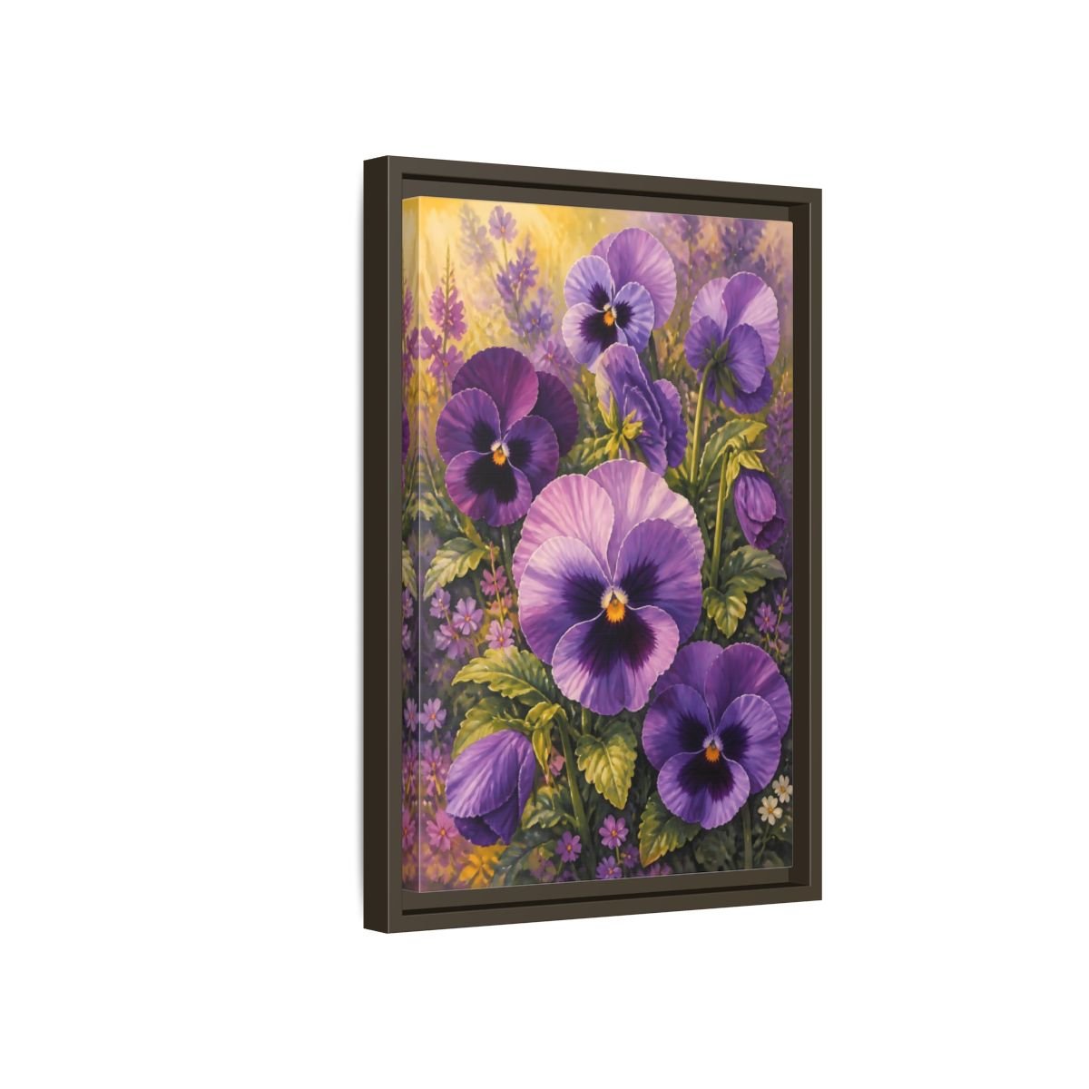 Floral Pansies Purple Framed Canvas Print – Traditional Living Room, Above Fireplace - YesArtYes