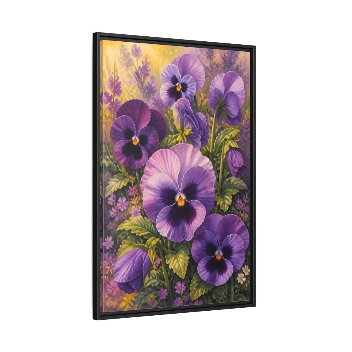 Floral Pansies Purple Framed Canvas Print – Traditional Living Room, Above Fireplace - YesArtYes