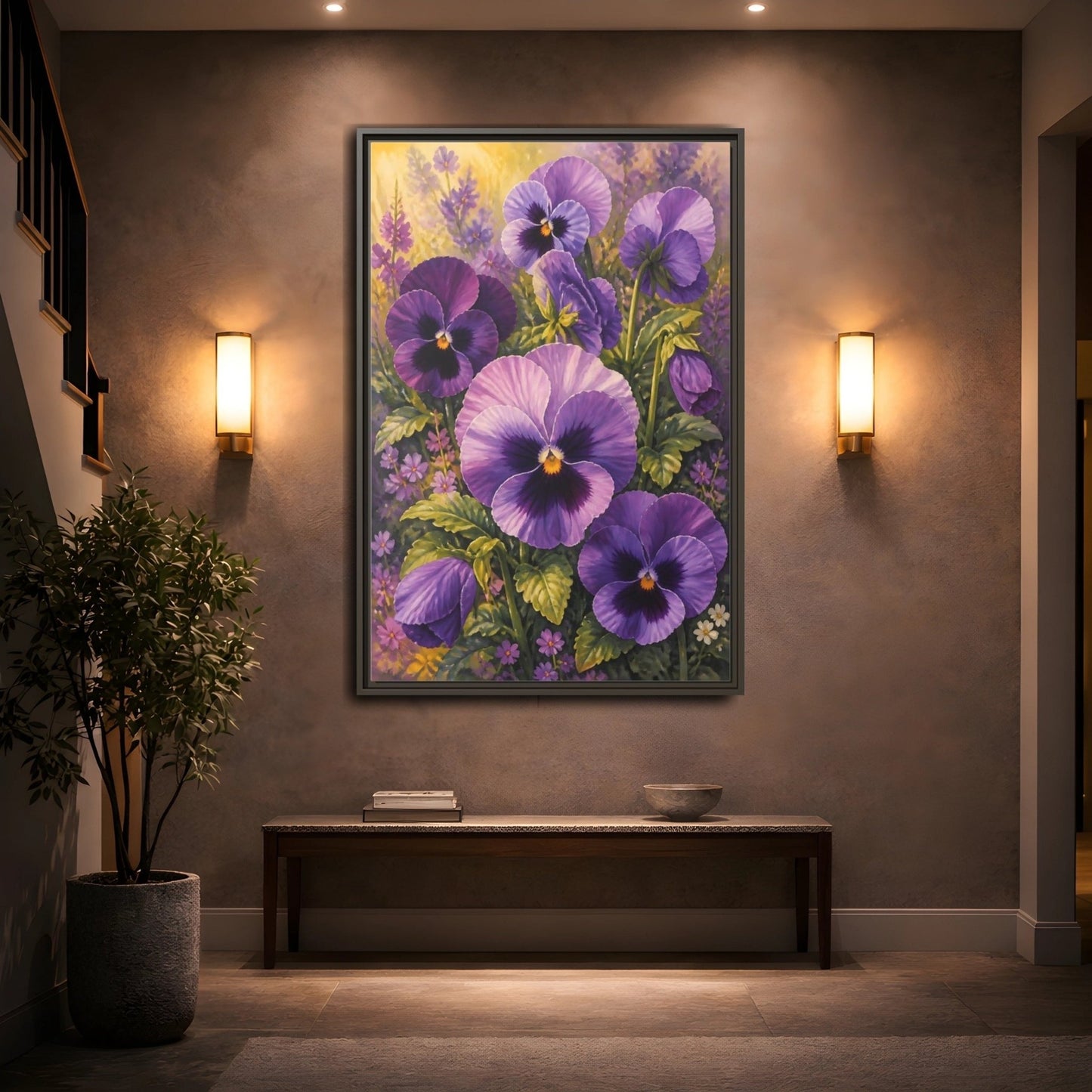 Floral Pansies Purple Framed Canvas Print – Traditional Living Room, Above Fireplace - YesArtYes