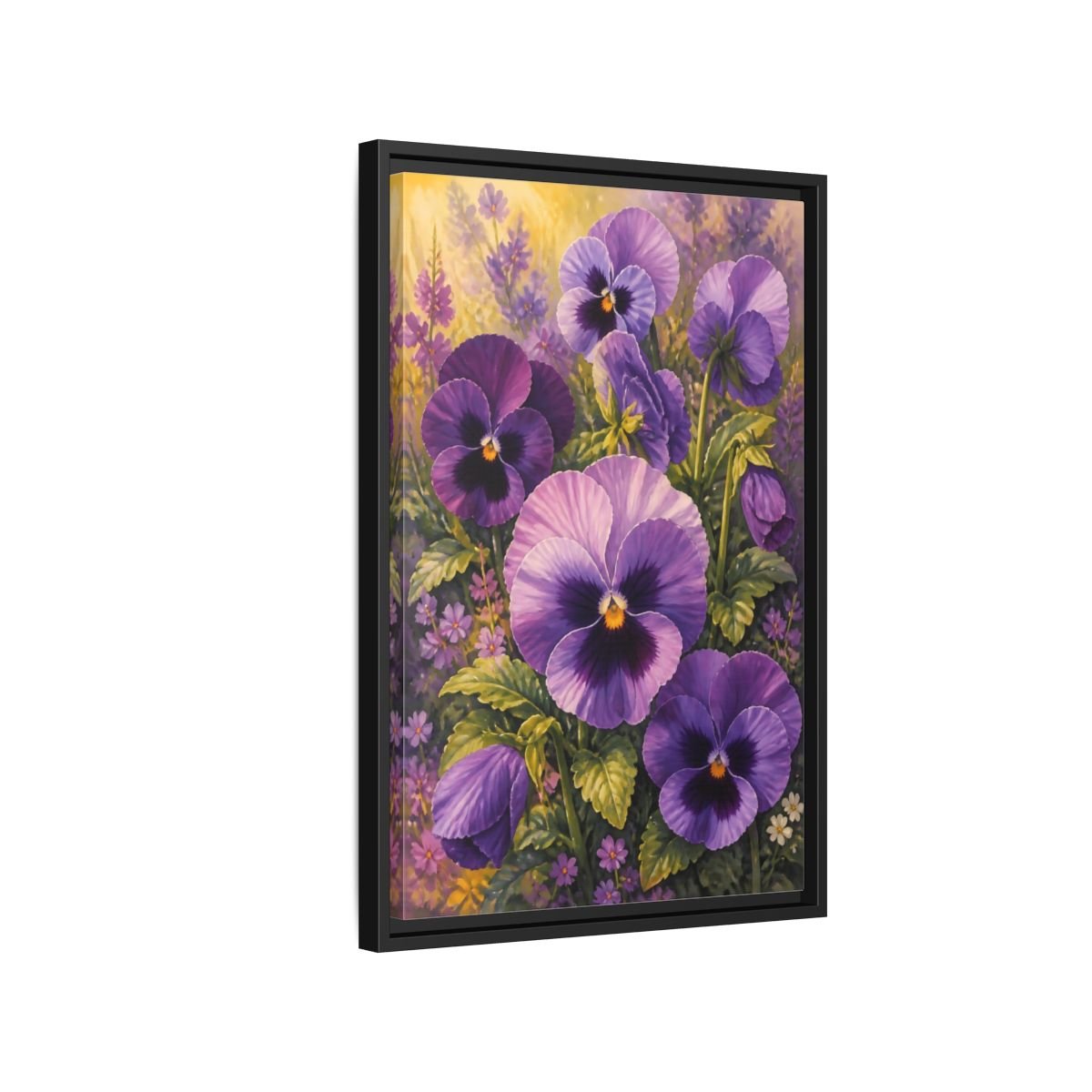 Floral Pansies Purple Framed Canvas Print – Traditional Living Room, Above Fireplace - YesArtYes