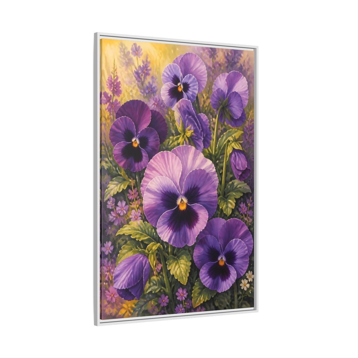 Floral Pansies Purple Framed Canvas Print – Traditional Living Room, Above Fireplace - YesArtYes