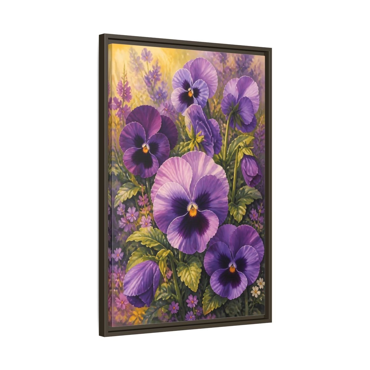 Floral Pansies Purple Framed Canvas Print – Traditional Living Room, Above Fireplace - YesArtYes
