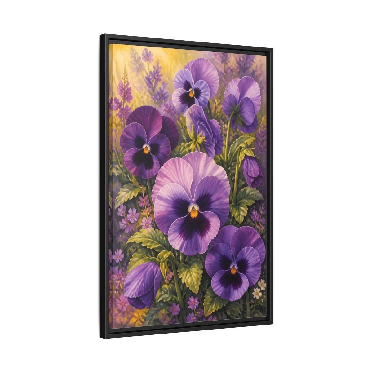 Floral Pansies Purple Framed Canvas Print – Traditional Living Room, Above Fireplace - YesArtYes