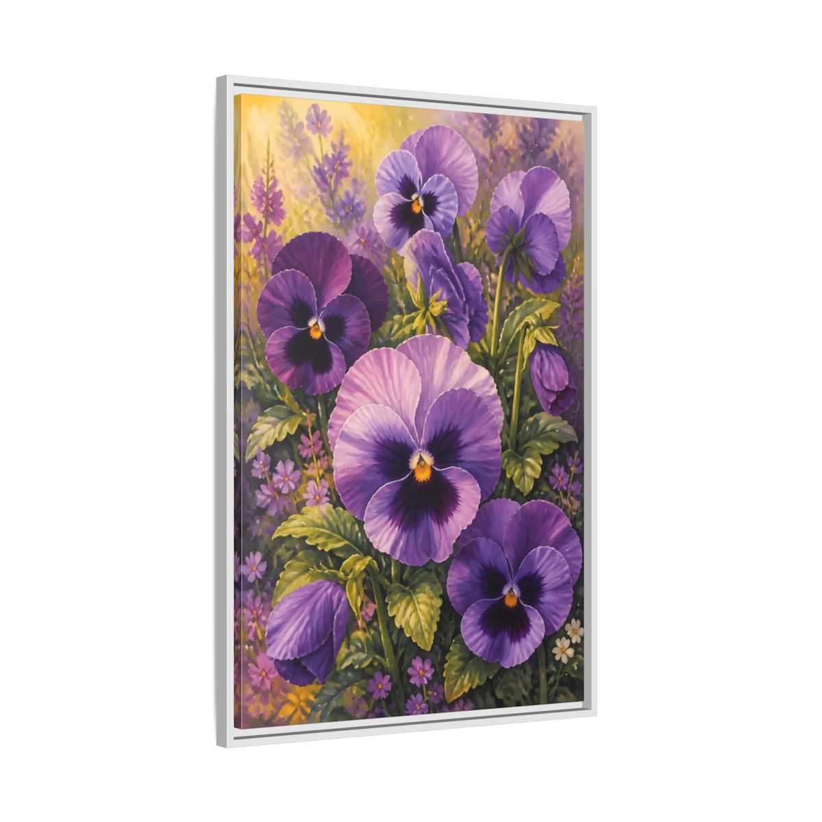 Side Mockup 9. Floral Pansies Purple Pansies shown as framed canvas print