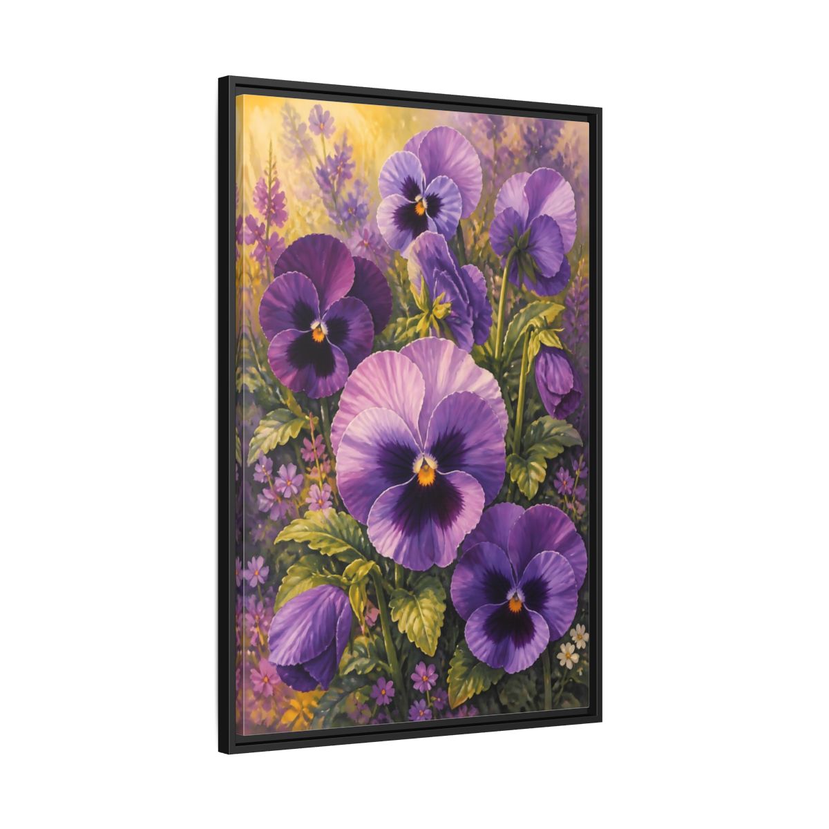Side Mockup 13. Floral Pansies Purple Pansies shown as framed canvas print