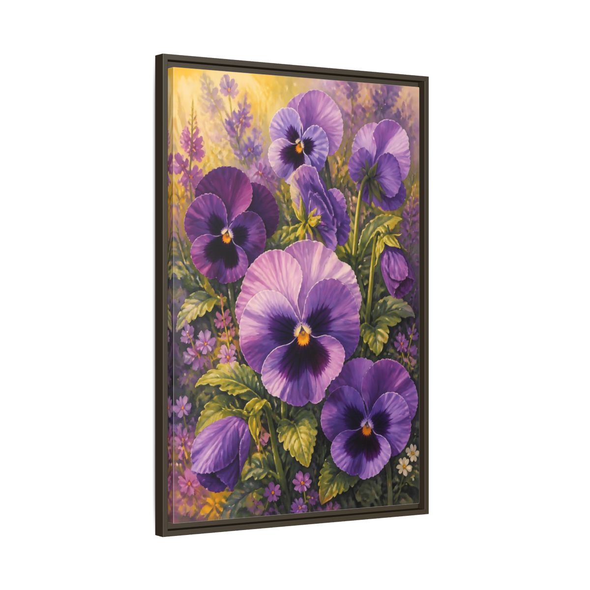 Main Mockup. Floral Pansies Purple Pansies shown as framed canvas print
