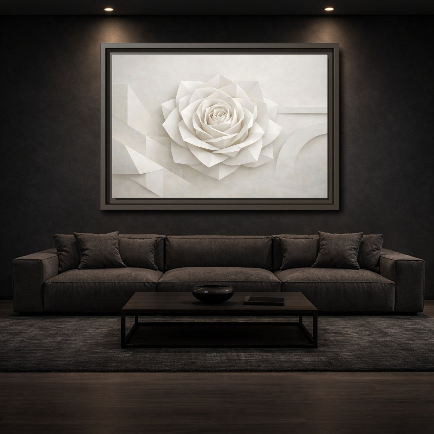 Mockup 2. Floral Paper Rose White Abstract shown as stretched canvas wall art