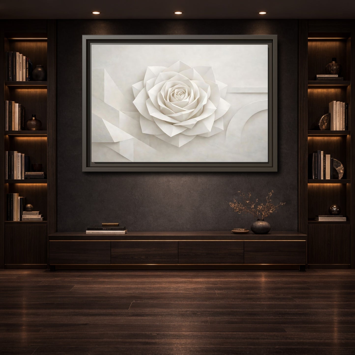 Mockup 3. Floral Paper Rose White Abstract shown as stretched canvas wall art