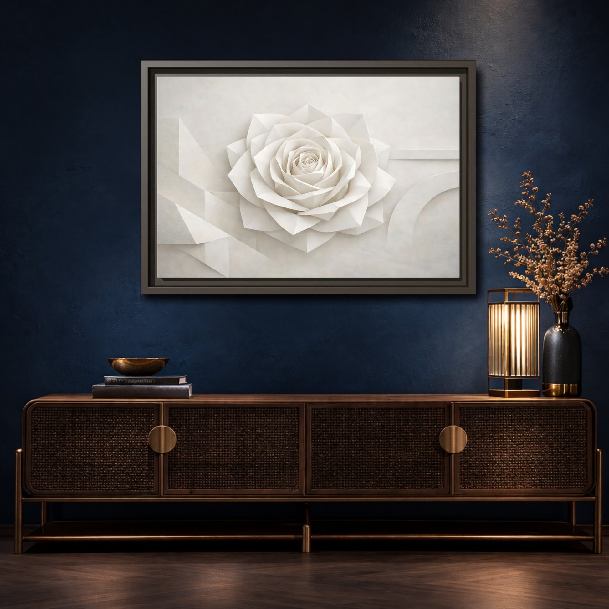 Mockup 4. Floral Paper Rose White Abstract shown as stretched canvas wall art