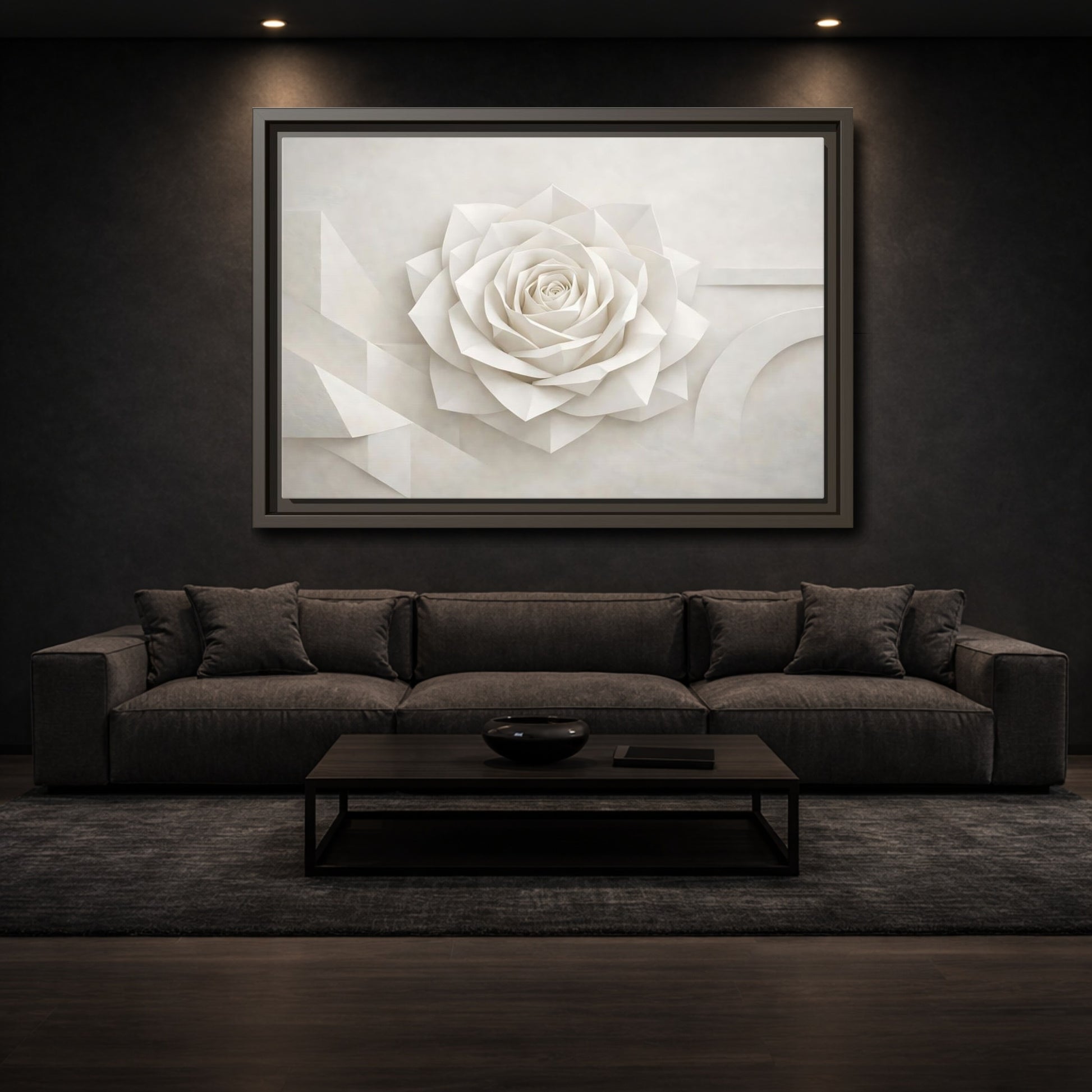 Mockup 2. Floral Paper Rose White Paper Rose shown as stretched canvas wall art