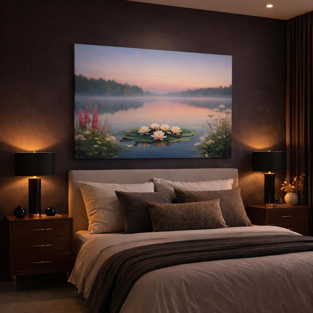 Floral Peaceful Lake shown as canvas wall art in a luxury bedroom