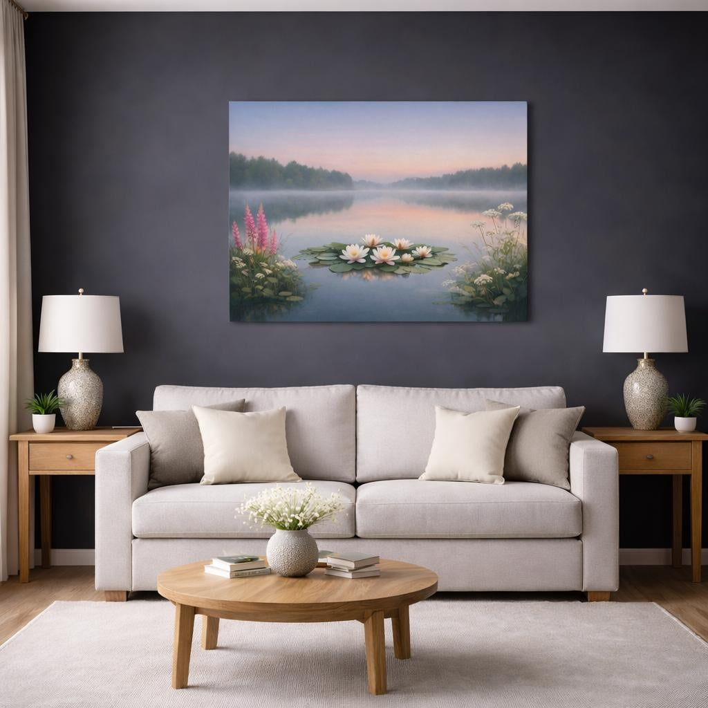 Floral Peaceful Lake shown as canvas wall art in a modern living room