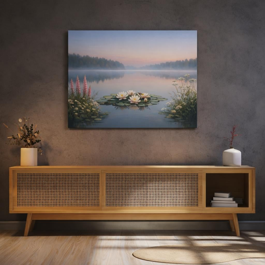 Floral Peaceful Lake shown as canvas wall art in a refined dining room