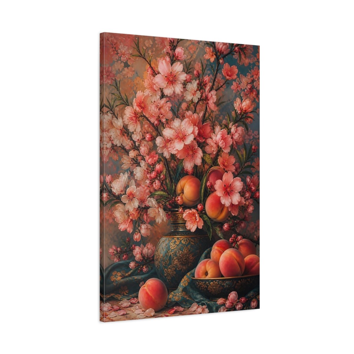 Floral Peach Blossoms Pink And Teal Canvas Print Wall Art – Vintage Living Room, Above Couch - YesArtYes