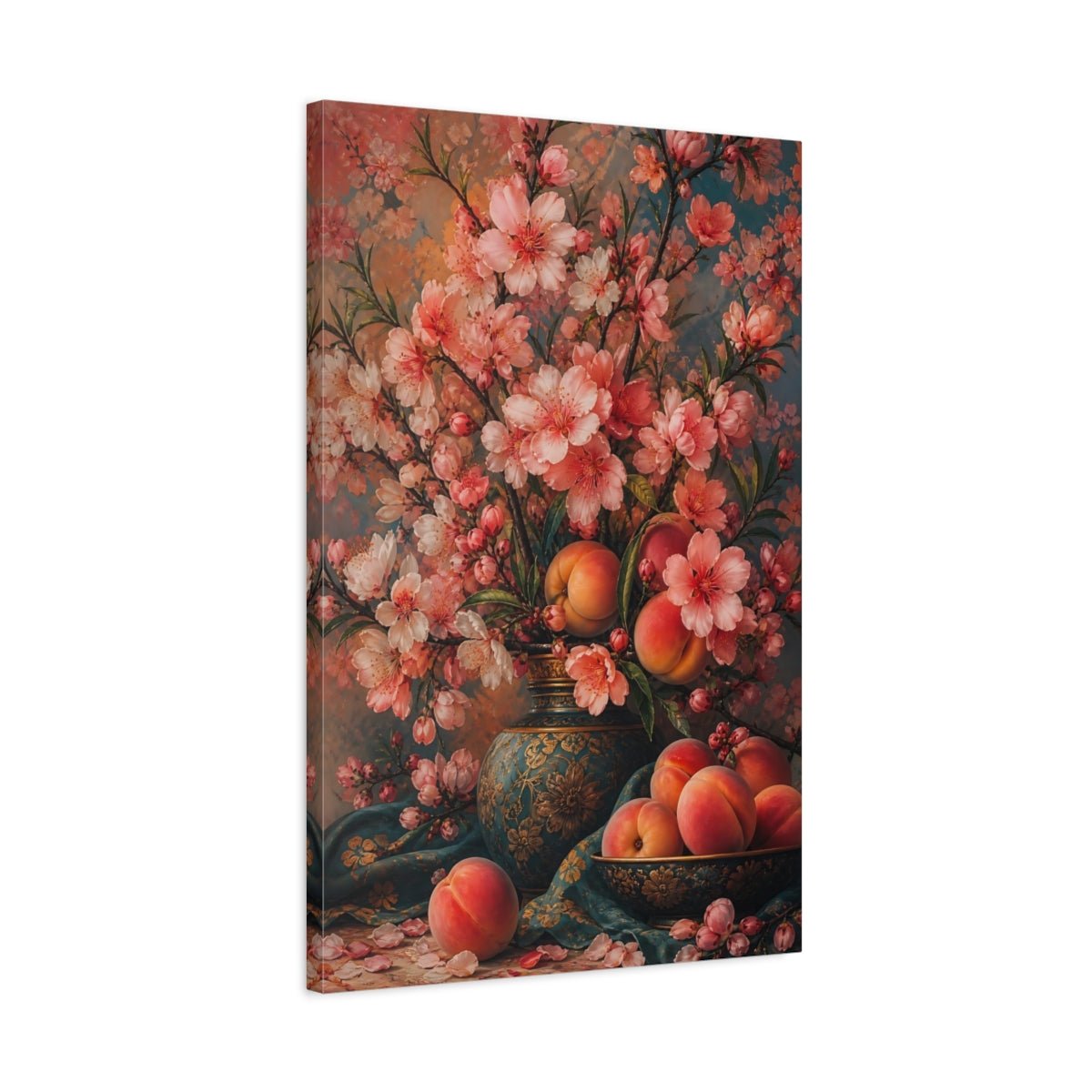 Floral Peach Blossoms Pink And Teal Canvas Print Wall Art – Vintage Living Room, Above Couch - YesArtYes