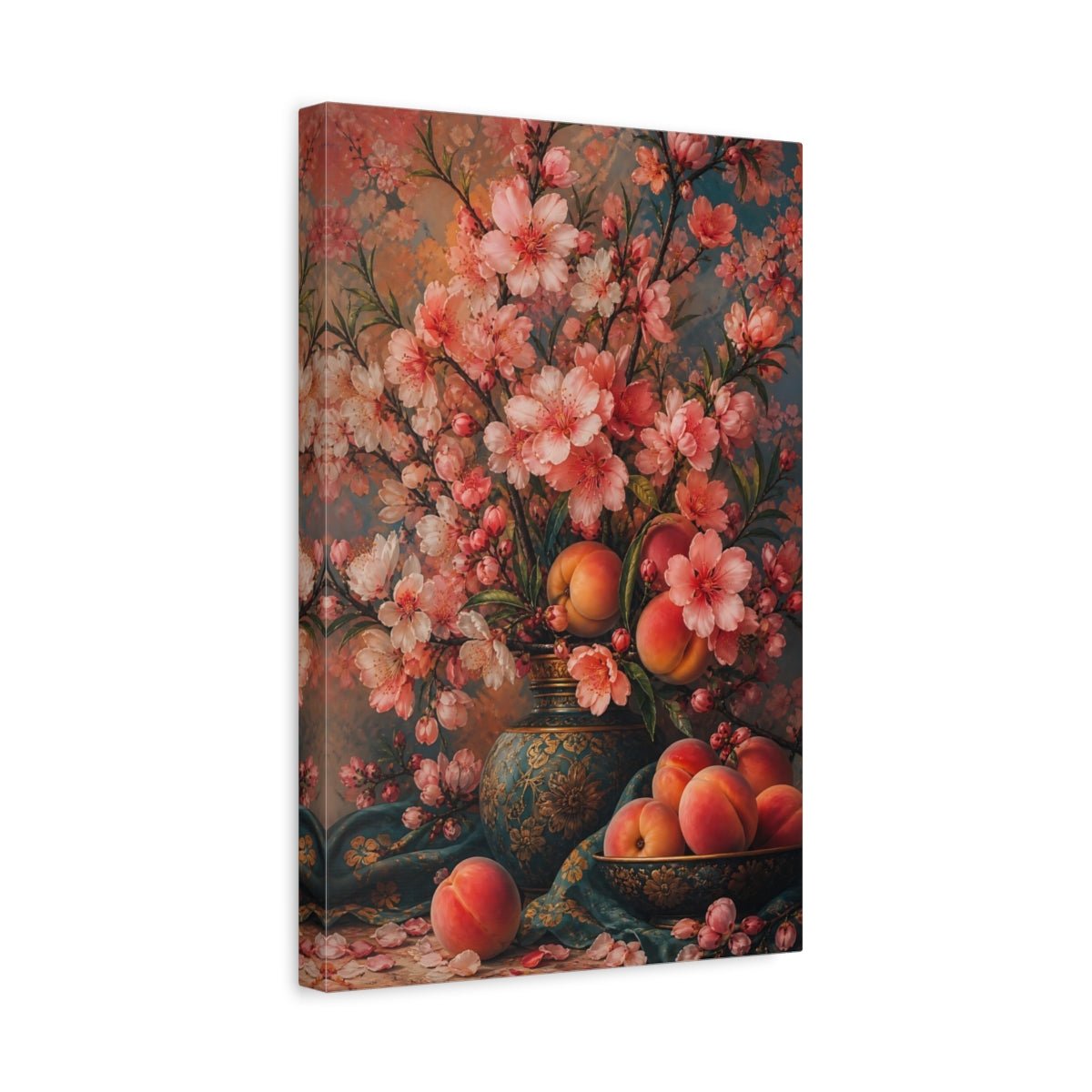 Floral Peach Blossoms Pink And Teal Canvas Print Wall Art – Vintage Living Room, Above Couch - YesArtYes