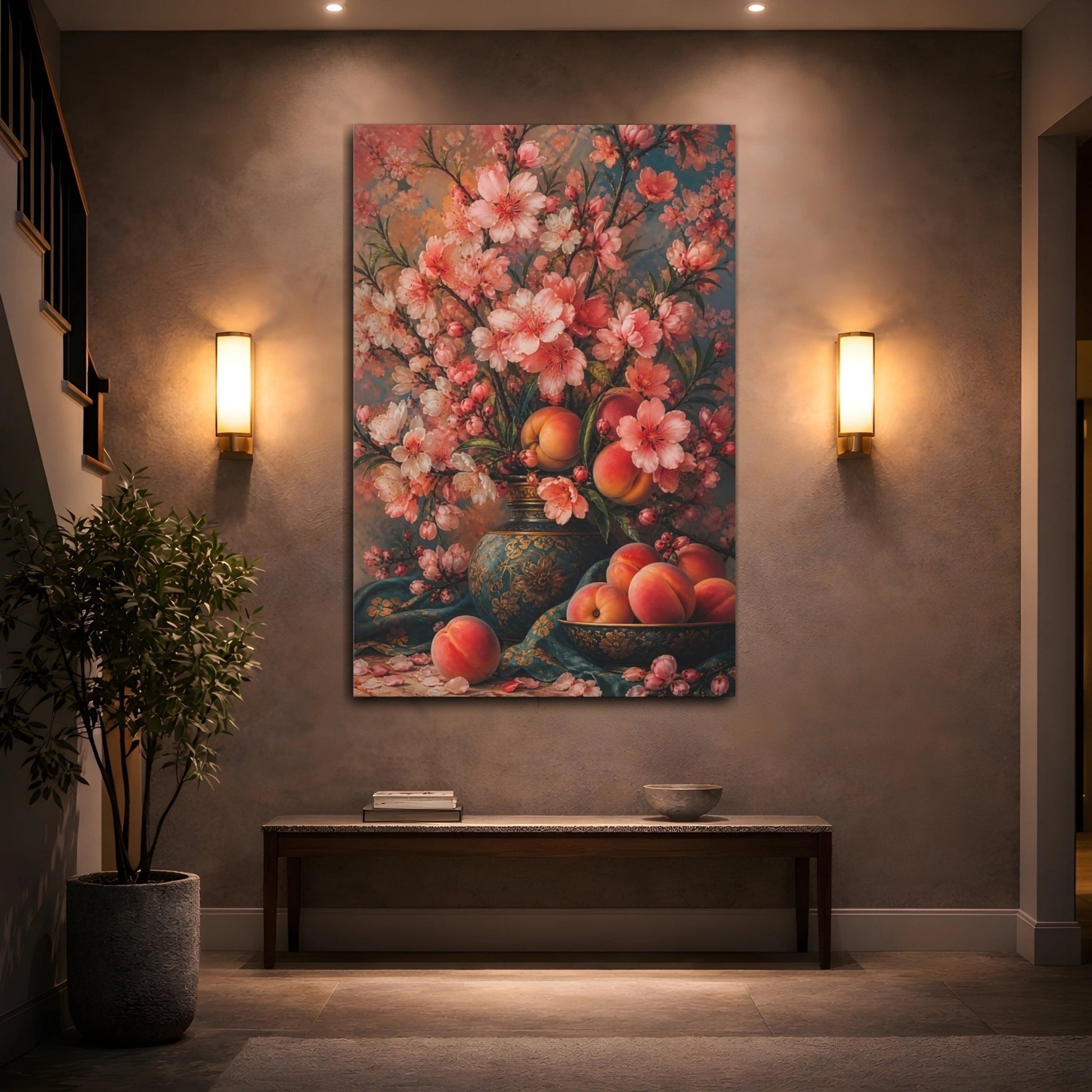 Floral Peach Blossoms Pink And Teal Canvas Print Wall Art – Vintage Living Room, Above Couch - YesArtYes