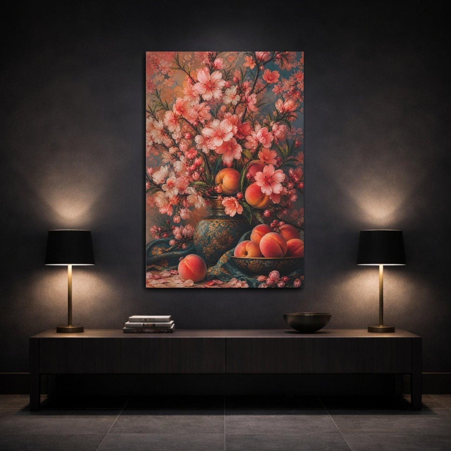Floral Peach Blossoms Pink And Teal Canvas Print Wall Art – Vintage Living Room, Above Couch - YesArtYes