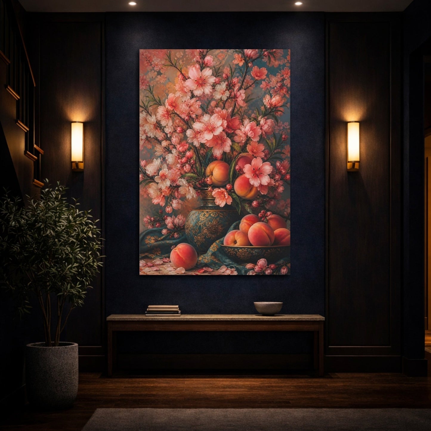 Floral Peach Blossoms Pink And Teal Canvas Print Wall Art – Vintage Living Room, Above Couch - YesArtYes