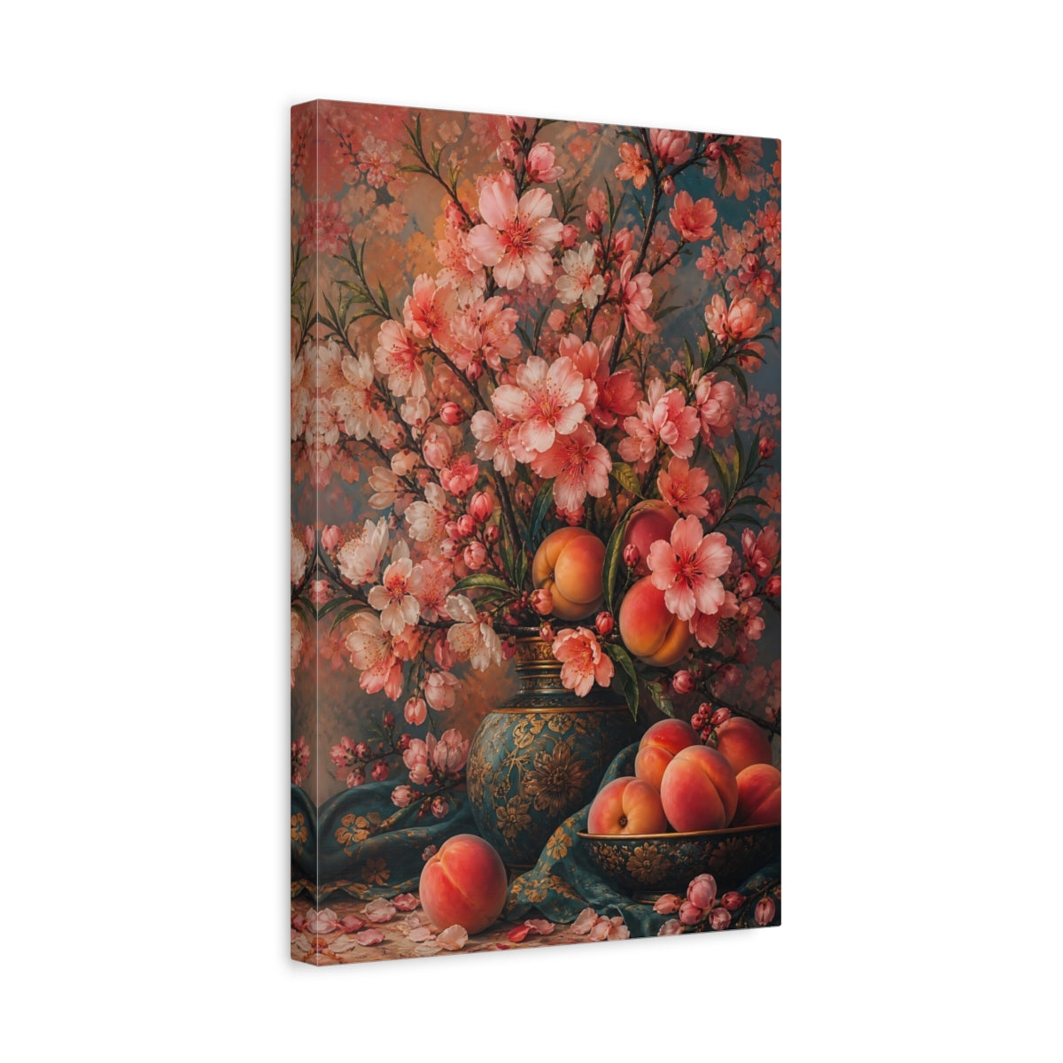 Side Mockup 4. Floral Peach Blossoms Pink And Teal Floral shown as canvas print