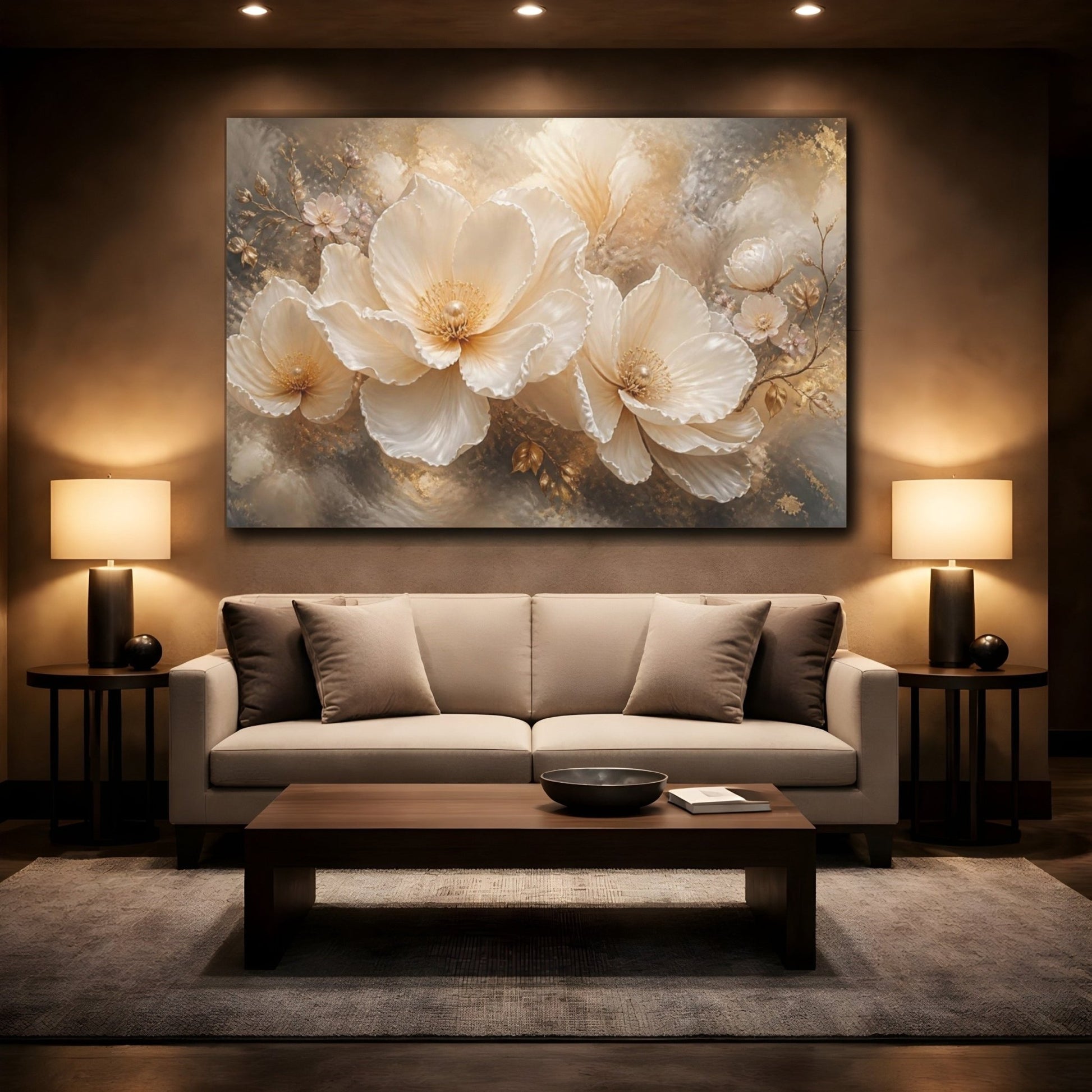 Floral Pearl Bloom Canvas Print – Living Room, Above Console Table, Cream & Gold - YesArtYes
