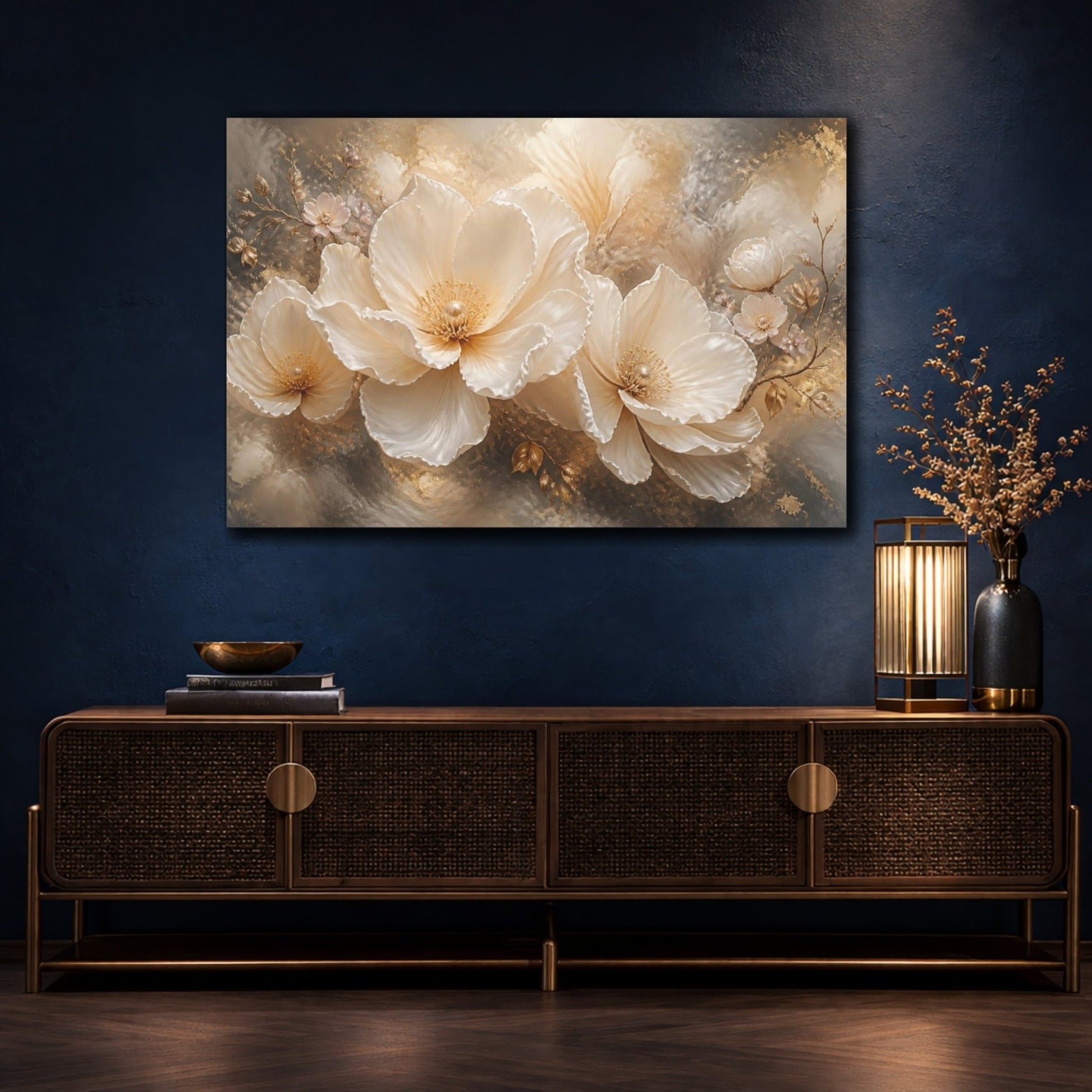 Floral Pearl Bloom Canvas Print – Living Room, Above Console Table, Cream & Gold - YesArtYes