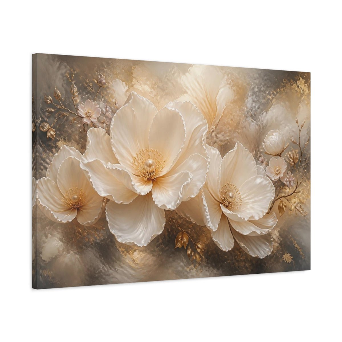 Floral Pearl Bloom Canvas Print – Living Room, Above Console Table, Cream & Gold - YesArtYes
