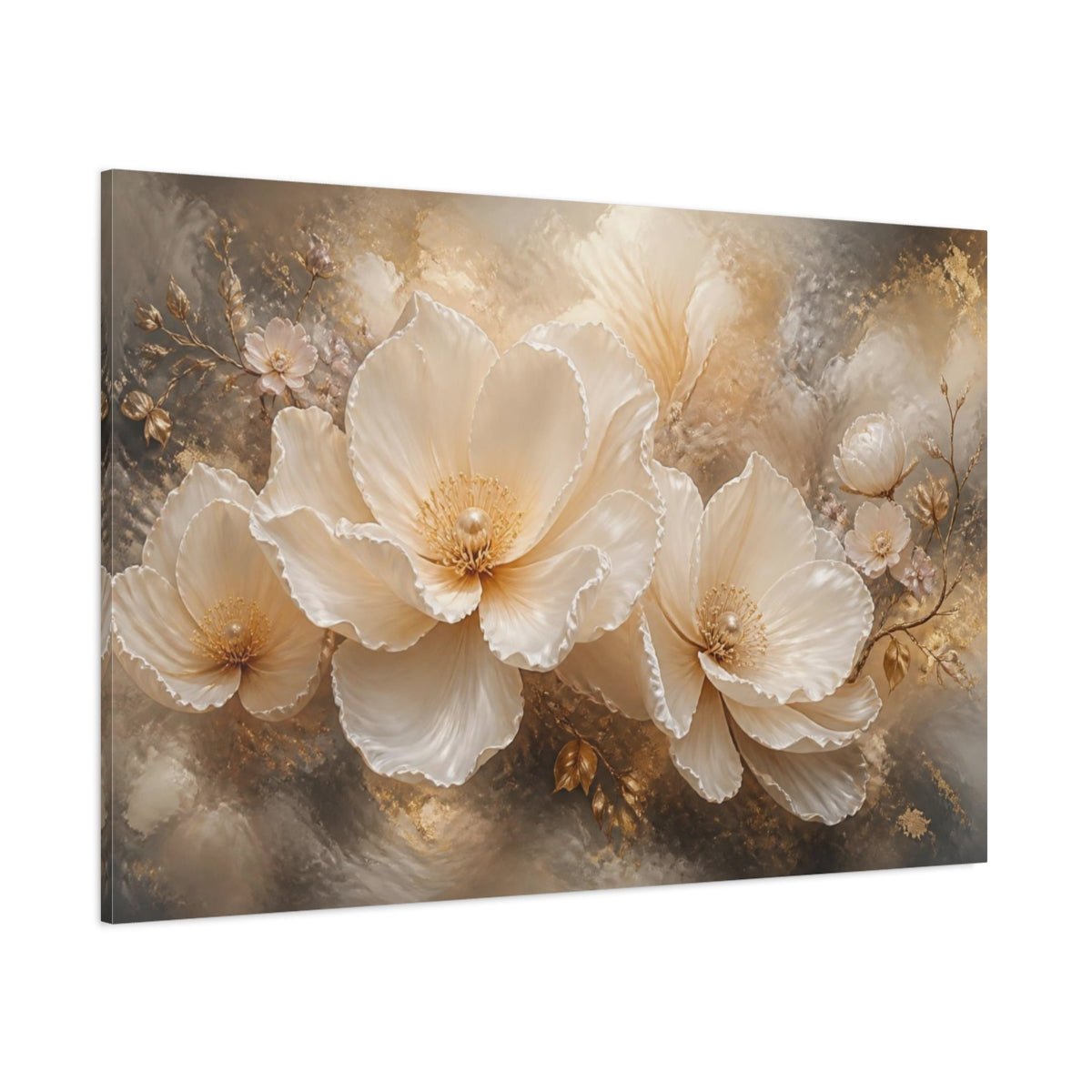 Floral Pearl Bloom Canvas Print – Living Room, Above Console Table, Cream & Gold - YesArtYes