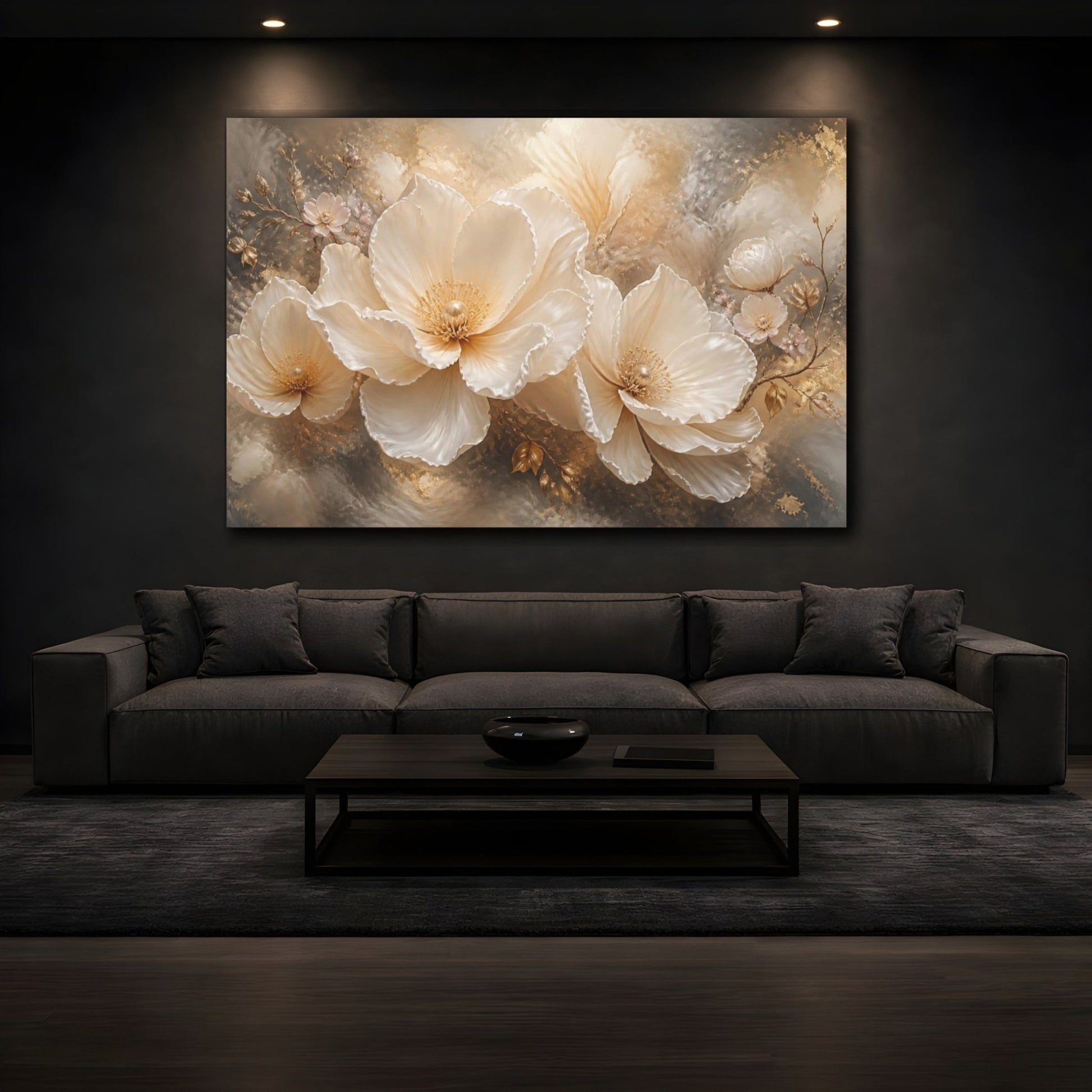 Floral Pearl Bloom Canvas Print – Living Room, Above Console Table, Cream & Gold - YesArtYes
