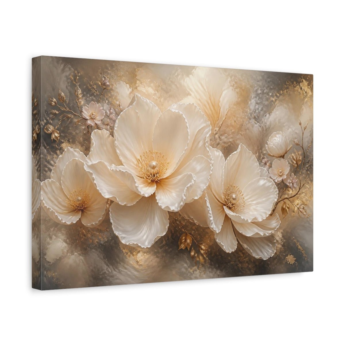 Floral Pearl Bloom Canvas Print – Living Room, Above Console Table, Cream & Gold - YesArtYes