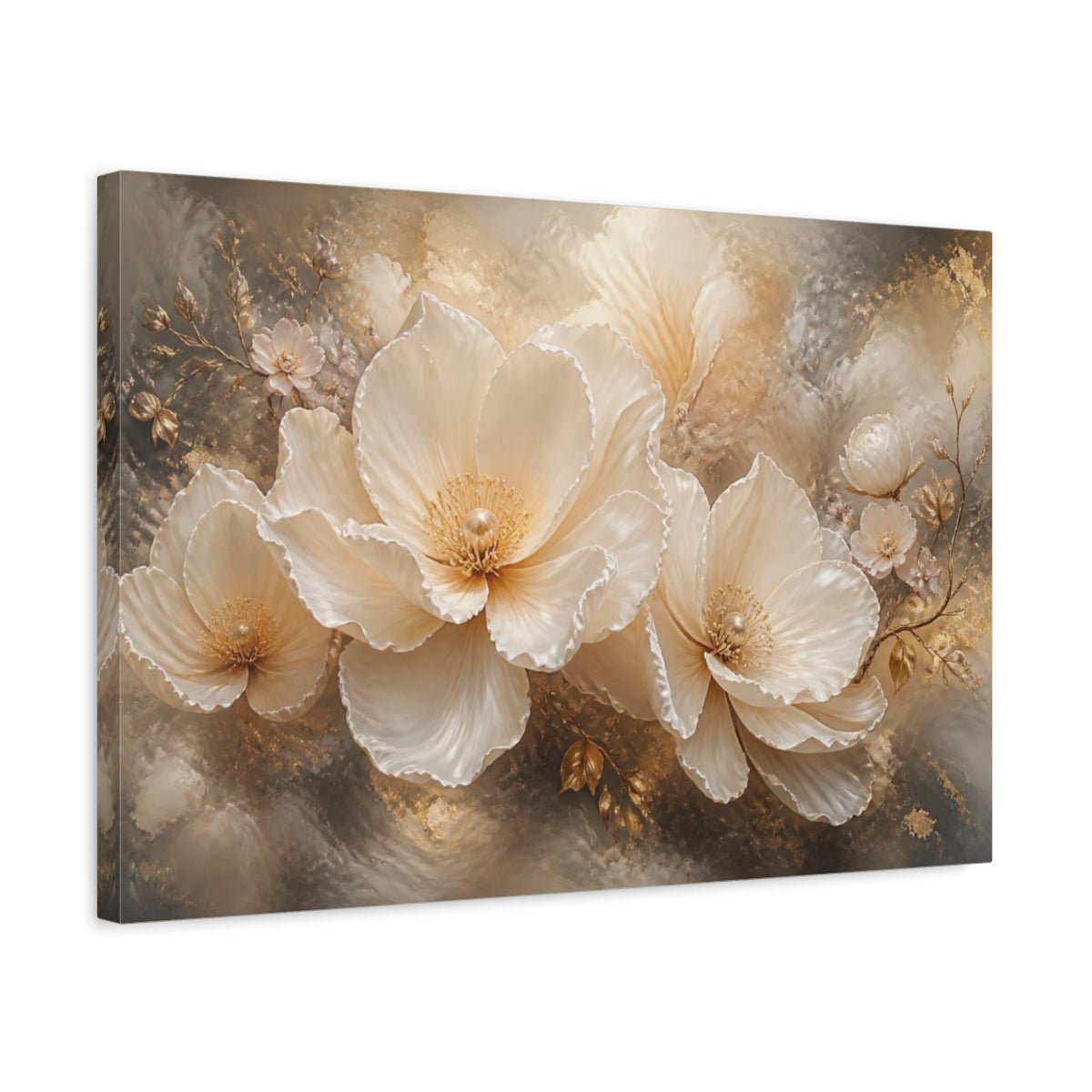 Floral Pearl Bloom Canvas Print – Living Room, Above Console Table, Cream & Gold - YesArtYes