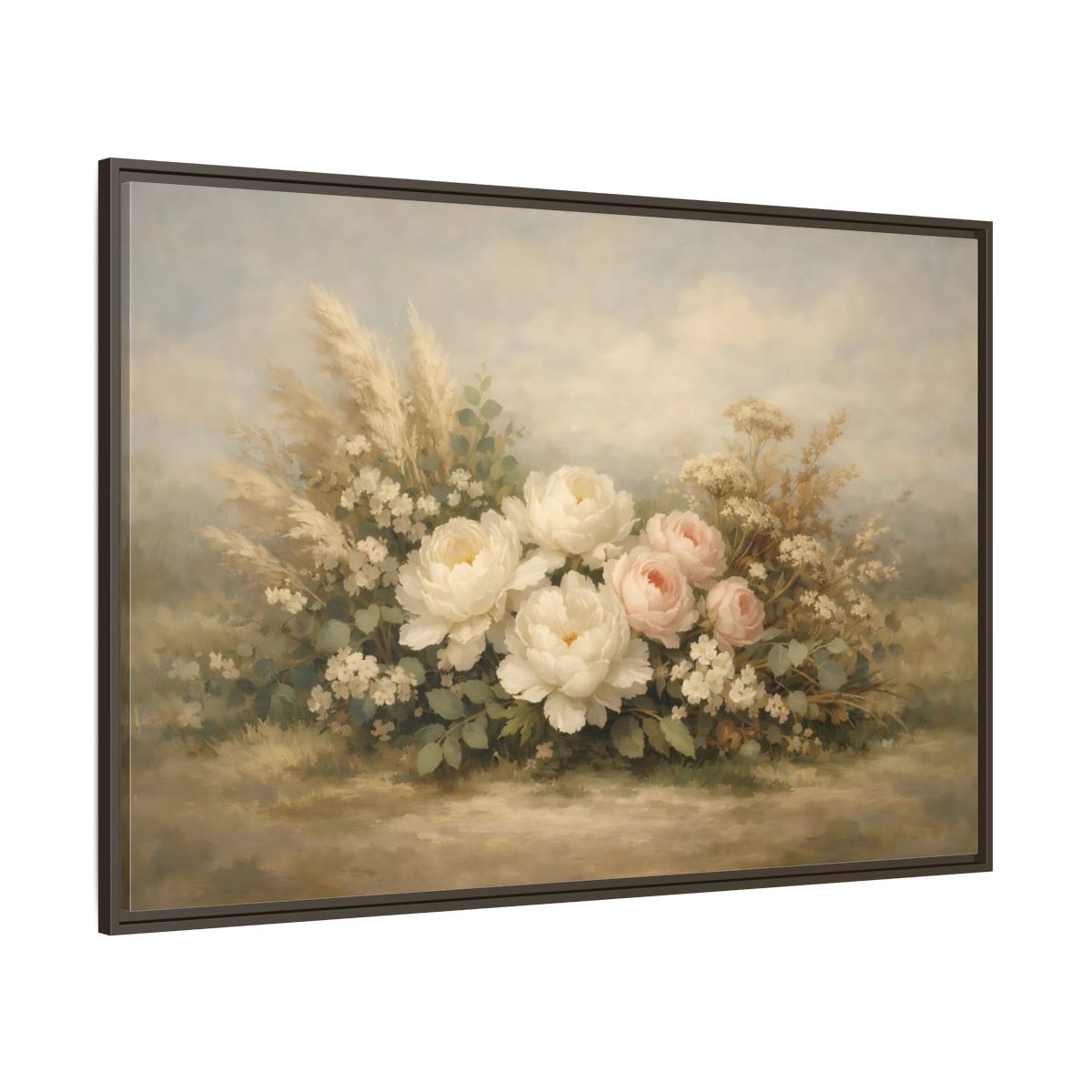 Main Mockup. Floral Peonies And Roses White Pink Floral shown as stretched canvas wall art