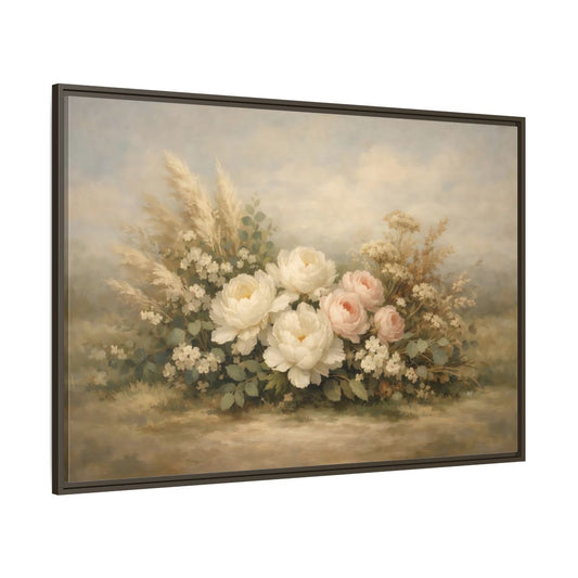 Main Mockup. Floral Peonies And Roses White Pink Floral shown as stretched canvas wall art