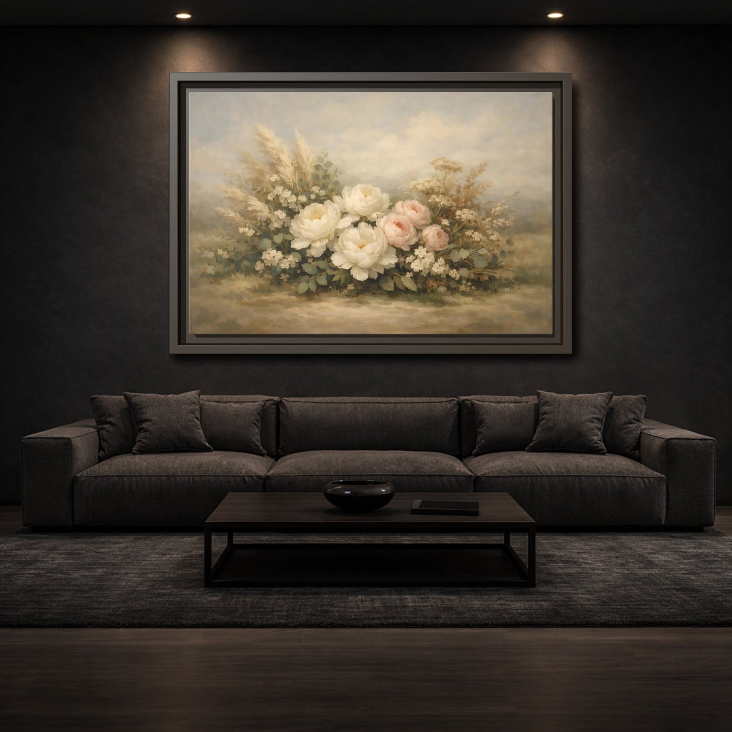 Mockup 2. Floral Peonies And Roses White Pink Floral shown as stretched canvas wall art
