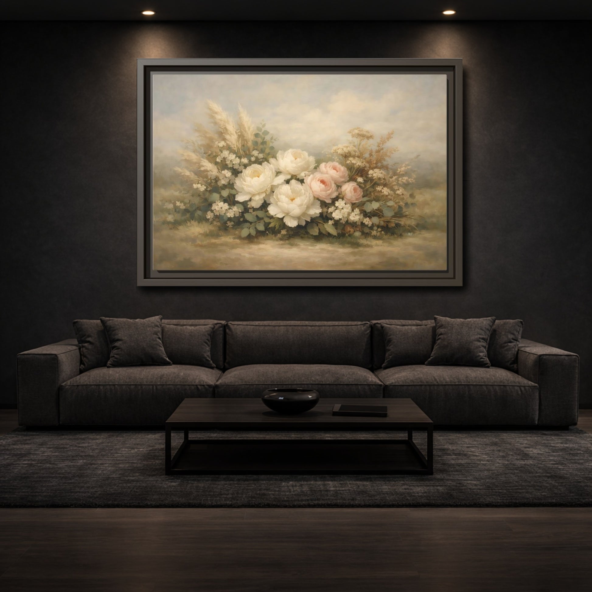 Mockup 2. Floral Peonies And Roses White Pink Floral shown as stretched canvas wall art