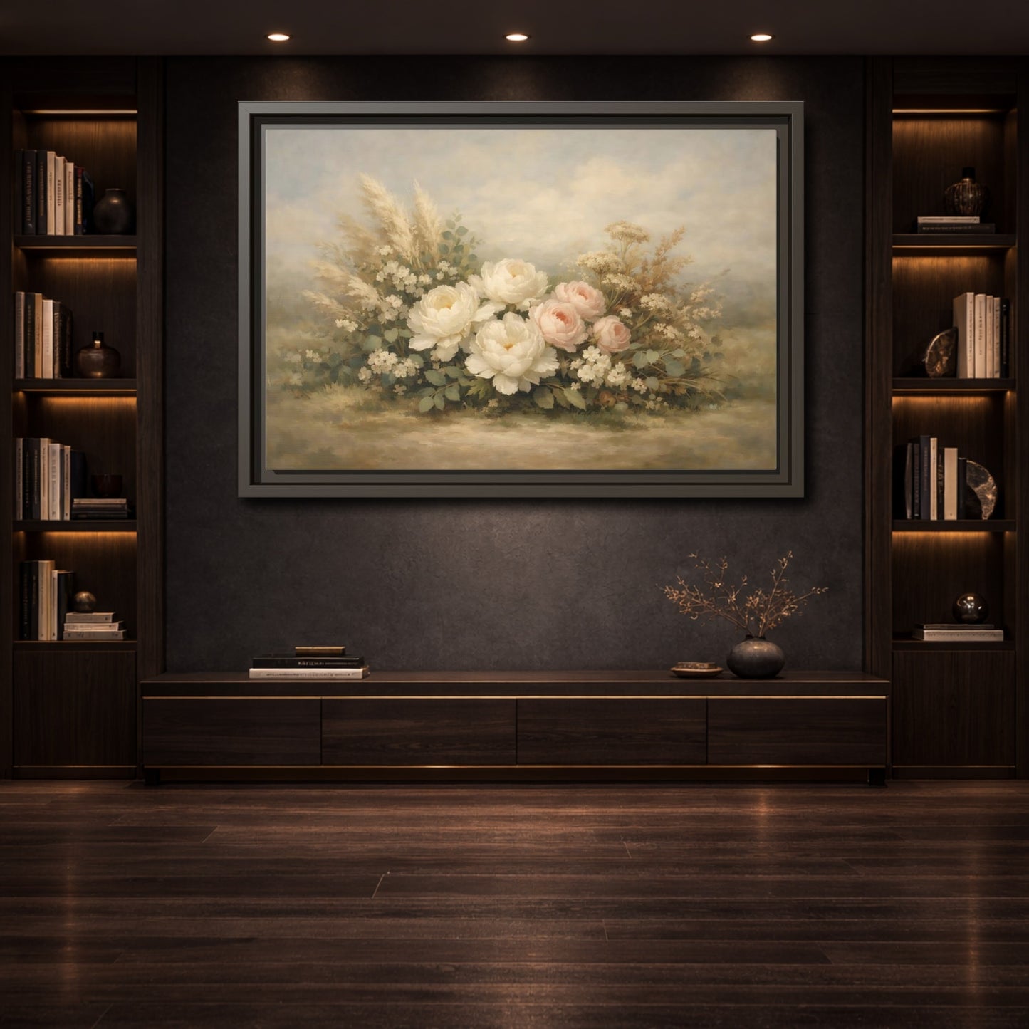 Mockup 3. Floral Peonies And Roses White Pink Floral shown as stretched canvas wall art