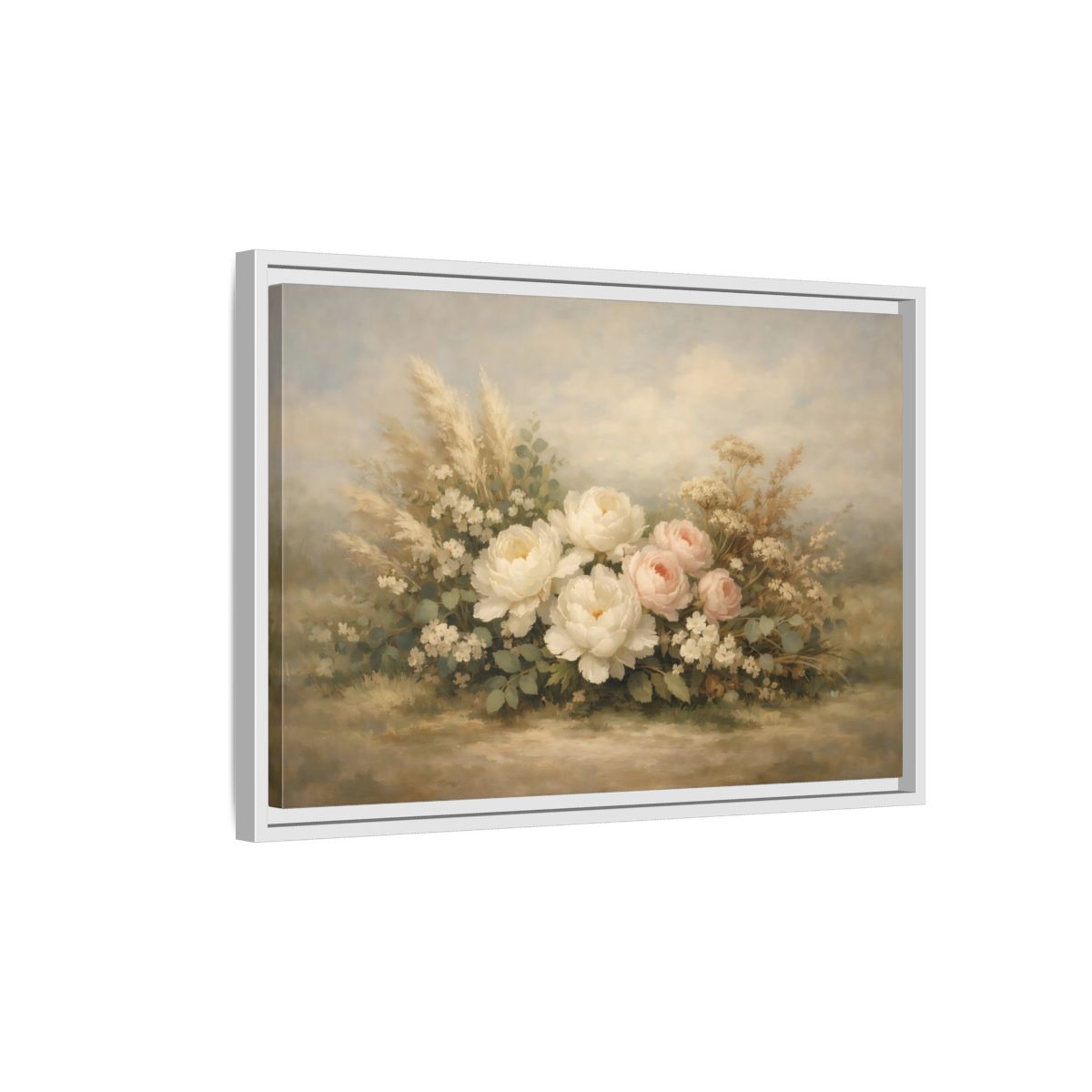 Side Mockup 1. Floral Peonies And Roses White Pink Floral shown as stretched canvas wall art