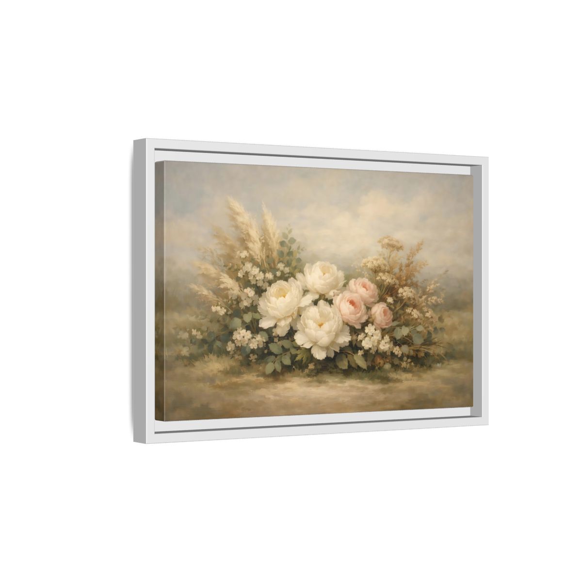 Side Mockup 4. Floral Peonies And Roses White Pink Floral shown as stretched canvas wall art