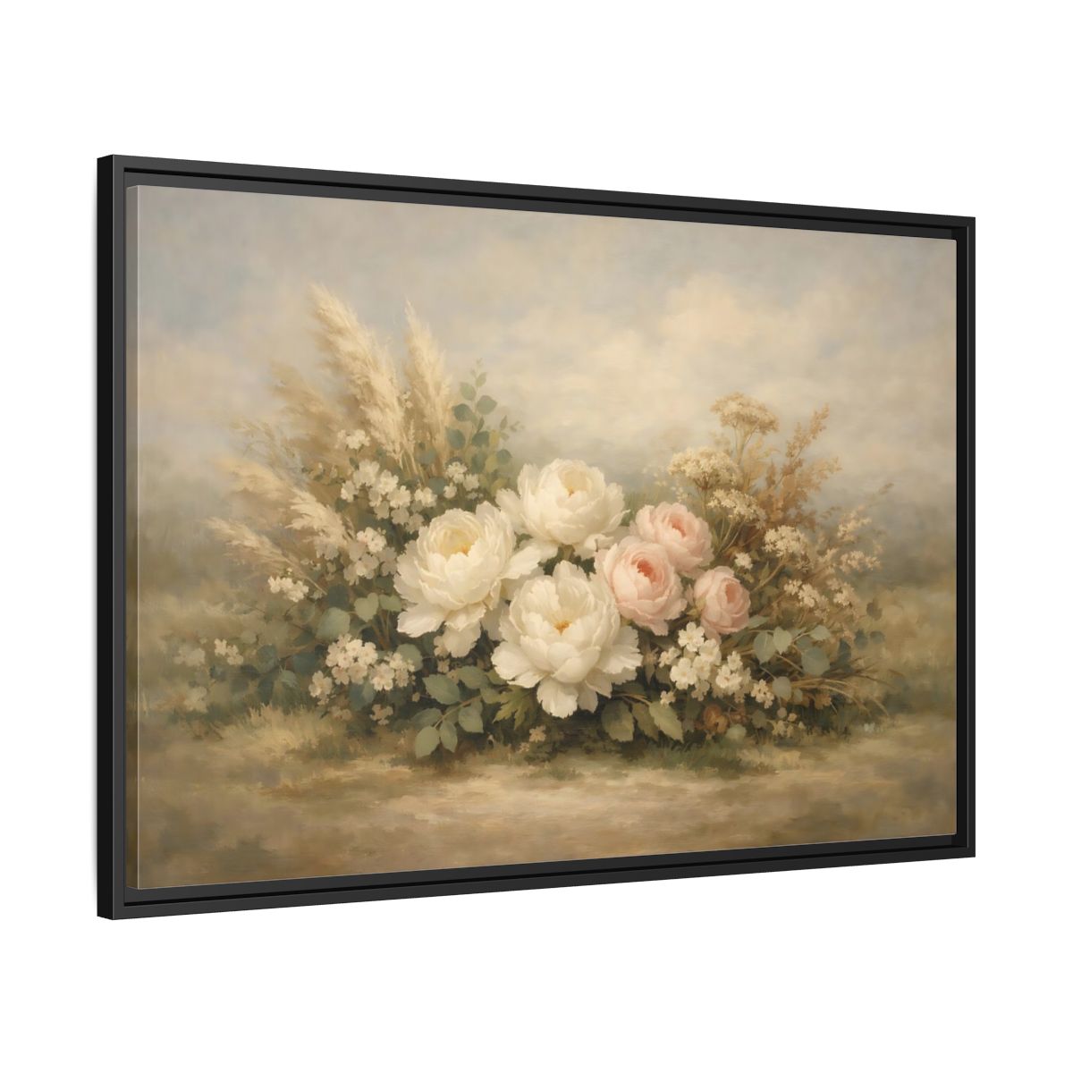 Side Mockup 13. Floral Peonies And Roses White Pink Floral shown as stretched canvas wall art