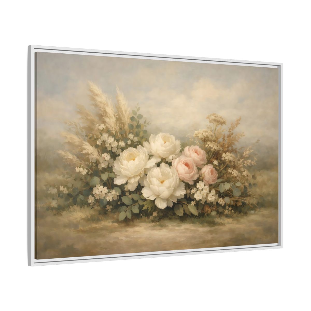 Side Mockup 7. Floral Peonies And Roses White Pink Floral shown as stretched canvas wall art