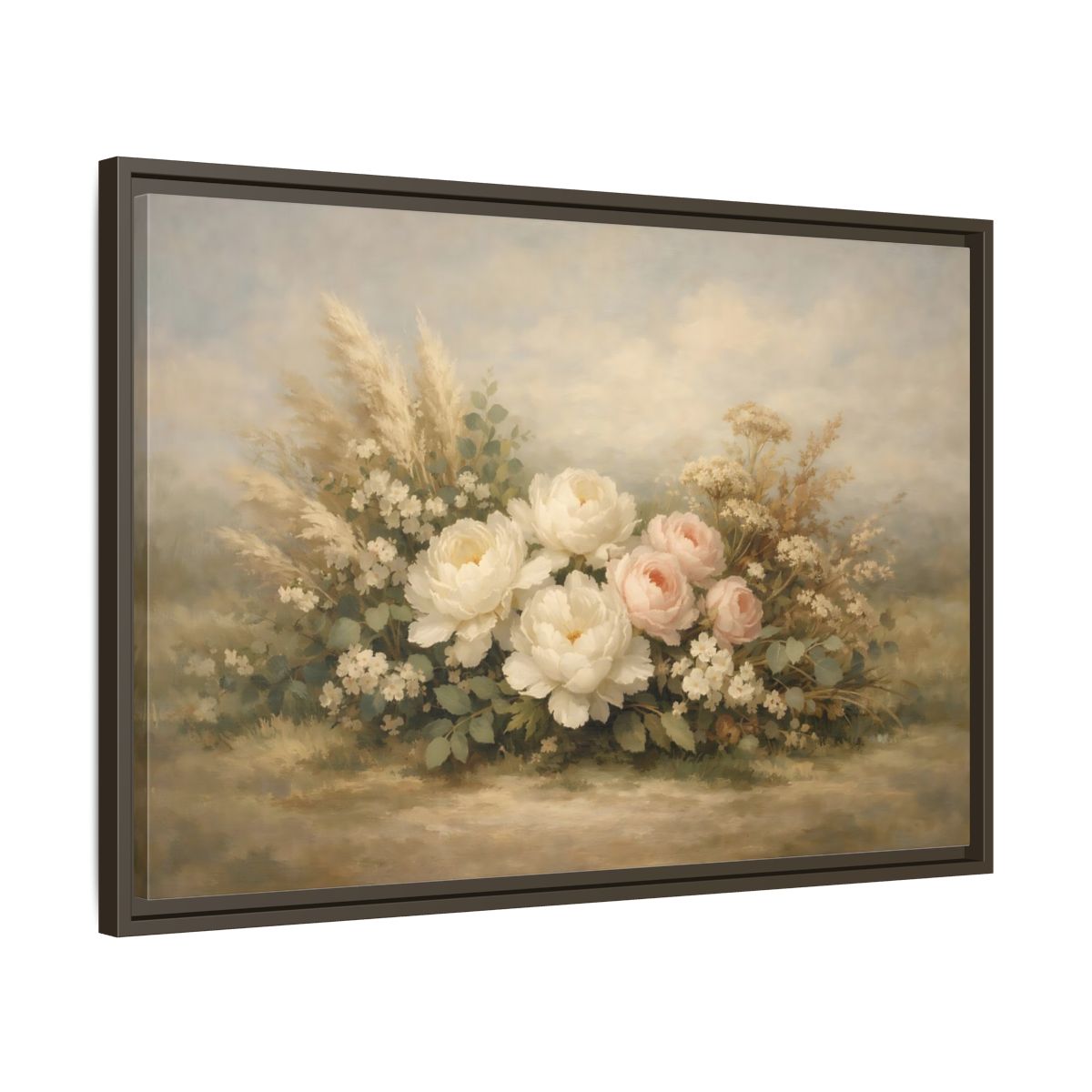 Side Mockup 11. Floral Peonies And Roses White Pink Floral shown as stretched canvas wall art