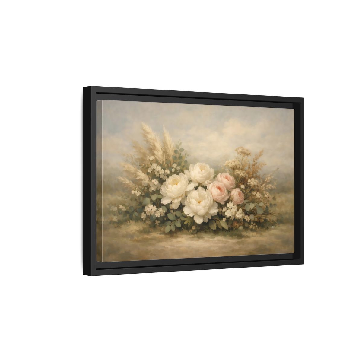 Side Mockup 6. Floral Peonies And Roses White Pink Floral shown as stretched canvas wall art