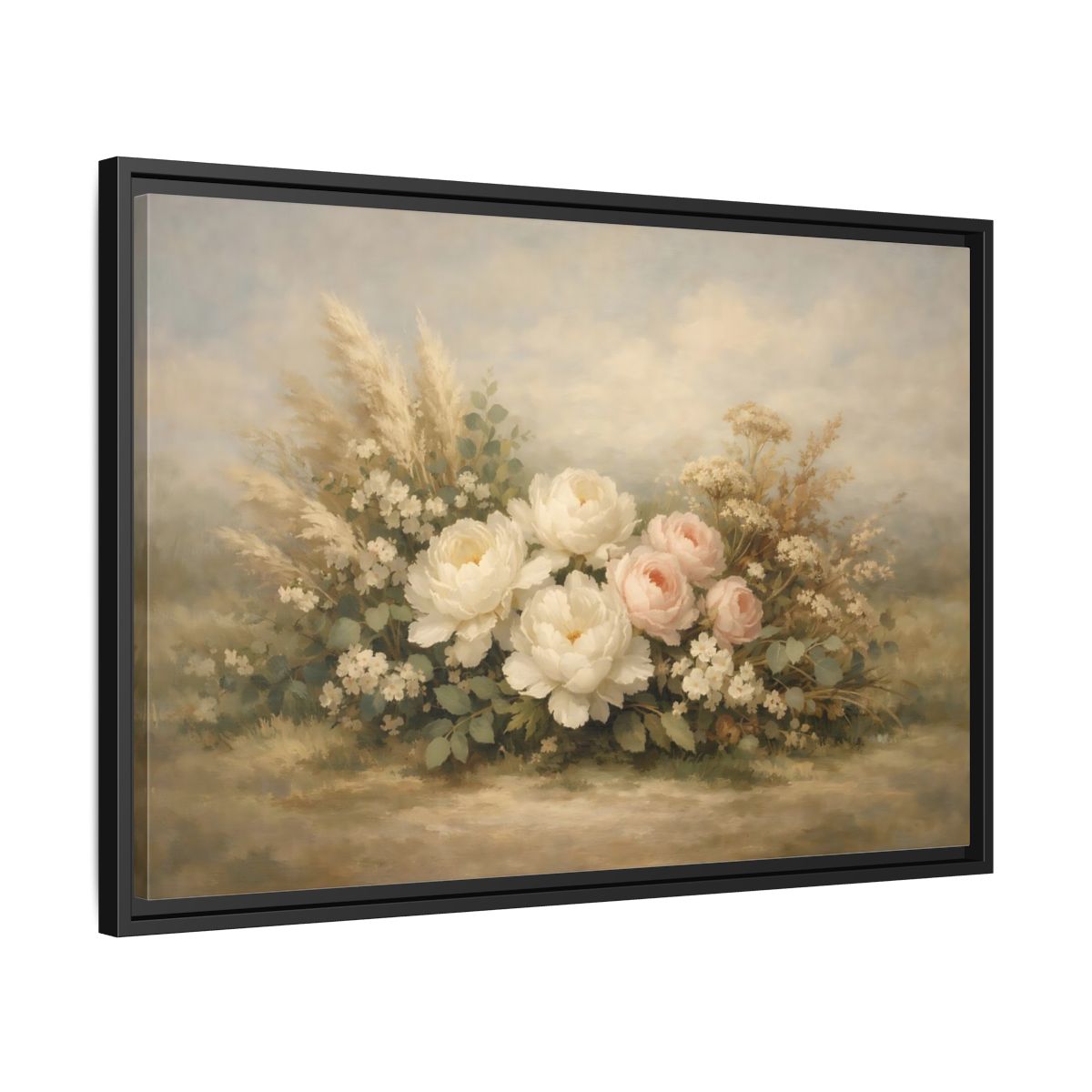 Side Mockup 14. Floral Peonies And Roses White Pink Floral shown as stretched canvas wall art