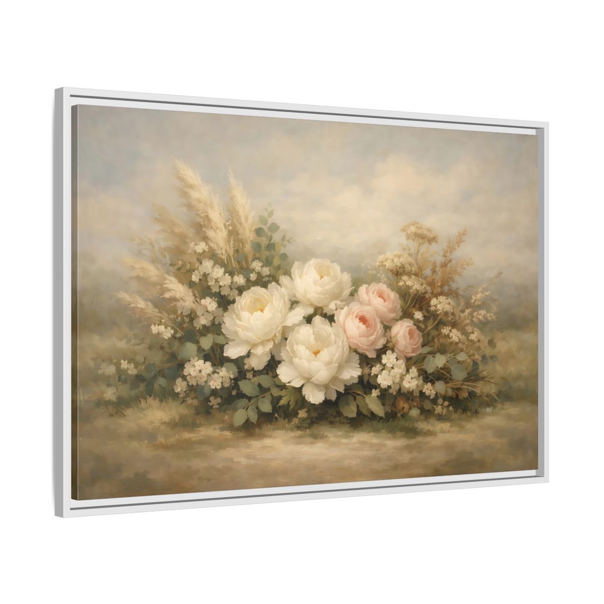 Side Mockup 8. Floral Peonies And Roses White Pink Floral shown as stretched canvas wall art