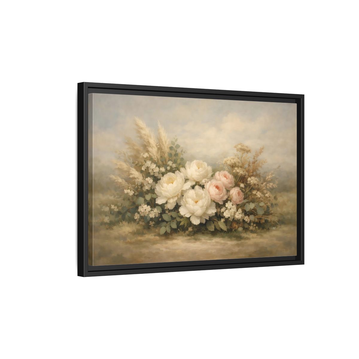 Side Mockup 3. Floral Peonies And Roses White Pink Floral shown as stretched canvas wall art
