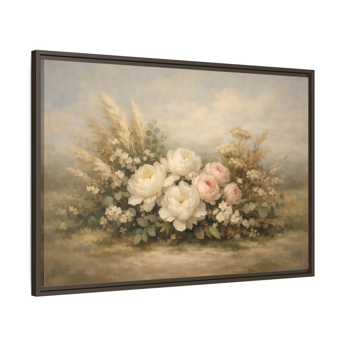 Side Mockup 9. Floral Peonies And Roses White Pink Floral shown as stretched canvas wall art