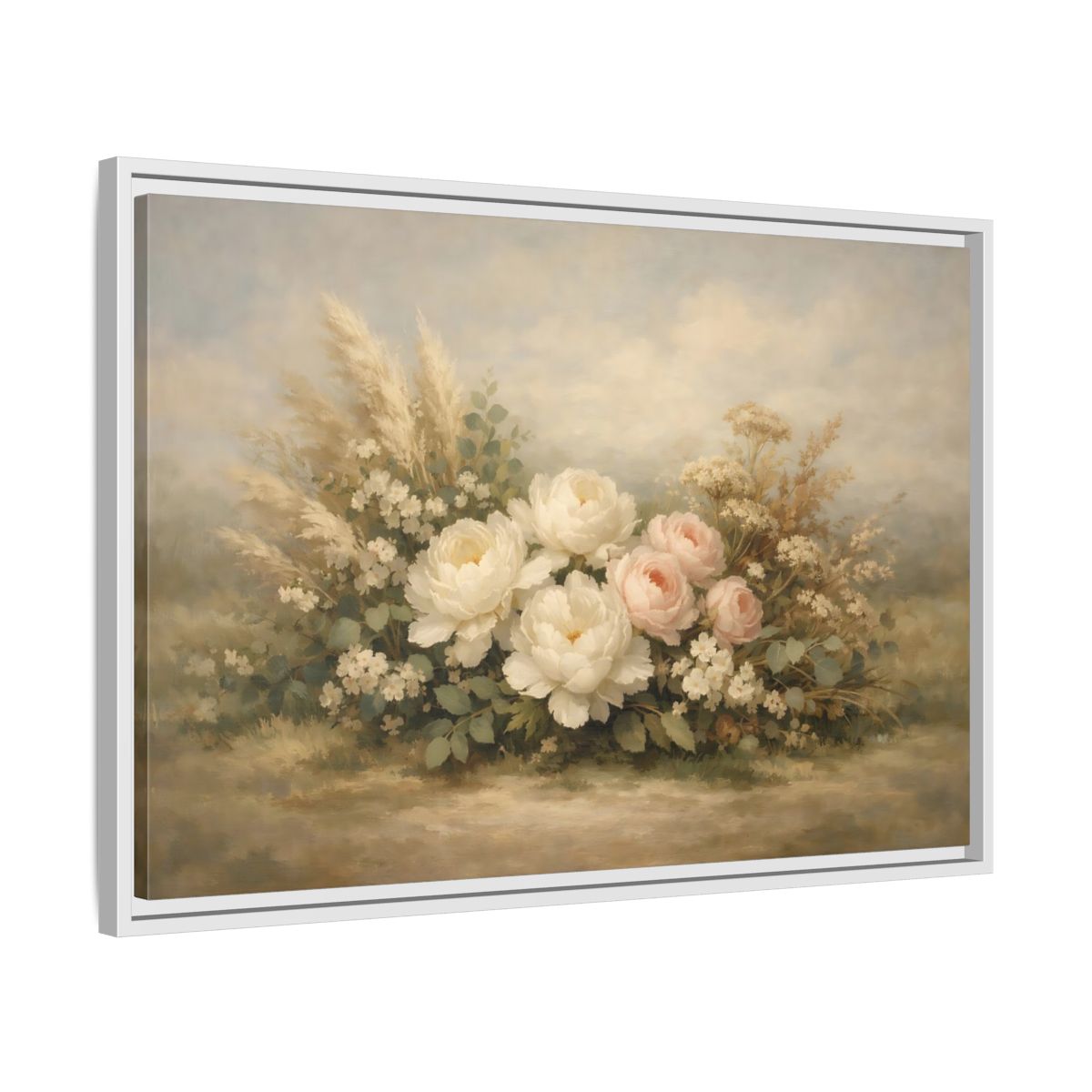 Side Mockup 10. Floral Peonies And Roses White Pink Floral shown as stretched canvas wall art