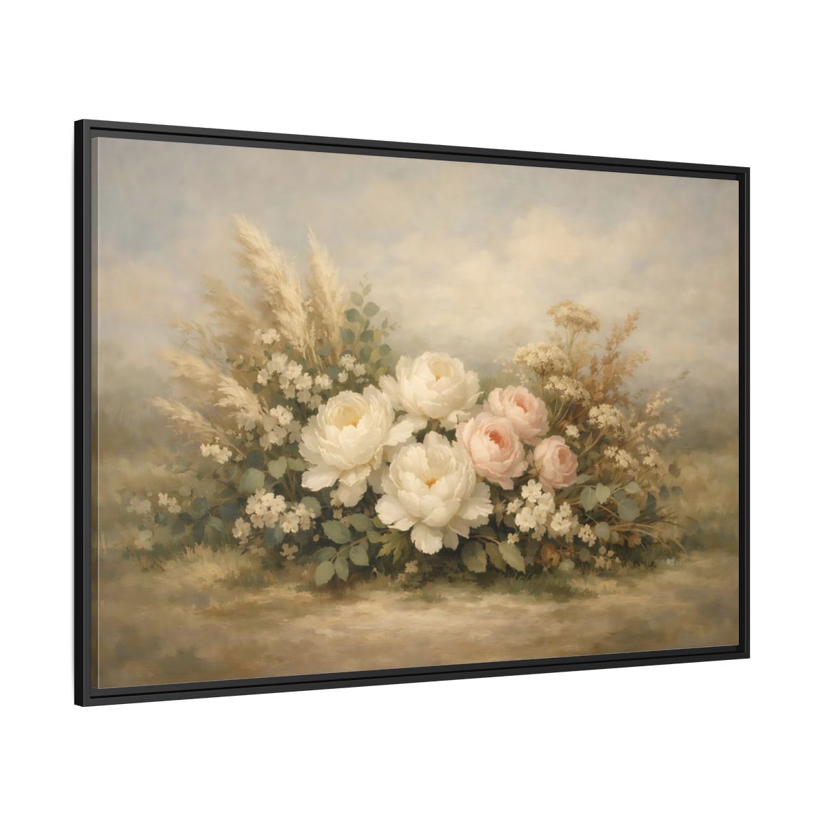 Side Mockup 12. Floral Peonies And Roses White Pink Floral shown as stretched canvas wall art