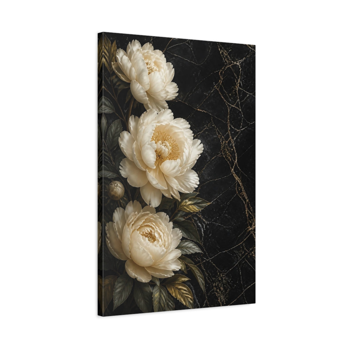 Side Mockup 2. Floral Peonies Black And Gold Floral shown as stretched canvas wall art